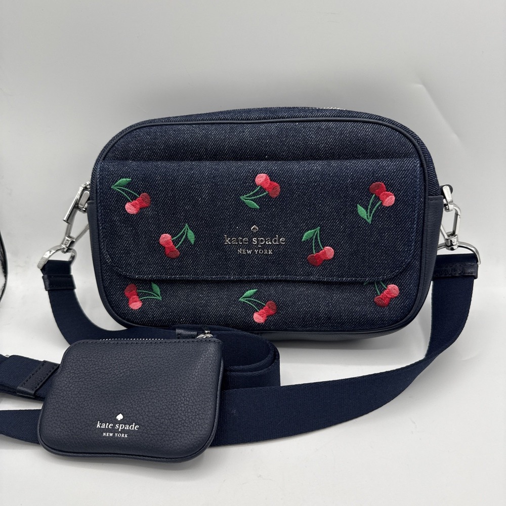 KATE SPADE Cherry Embroidered Denim Rosie Camera Crossbody Bag K6055 NWOT